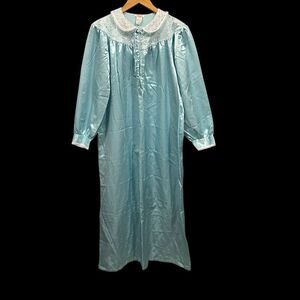 Brandywine Long Nightgown Size L House Dress Pockets Vintage Satin Blue 5295